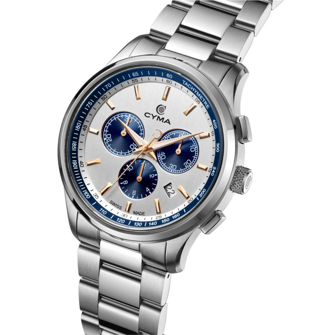 CYMA Champion 42mm stainless steel case side profile — 10.8mm slim with screw-type caseback and drop-in crown detail