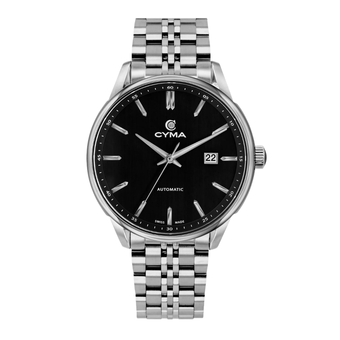 CYMA Charisma men's Swiss automatic watch — black vertical brush dial with plain stainless steel case and bracelet