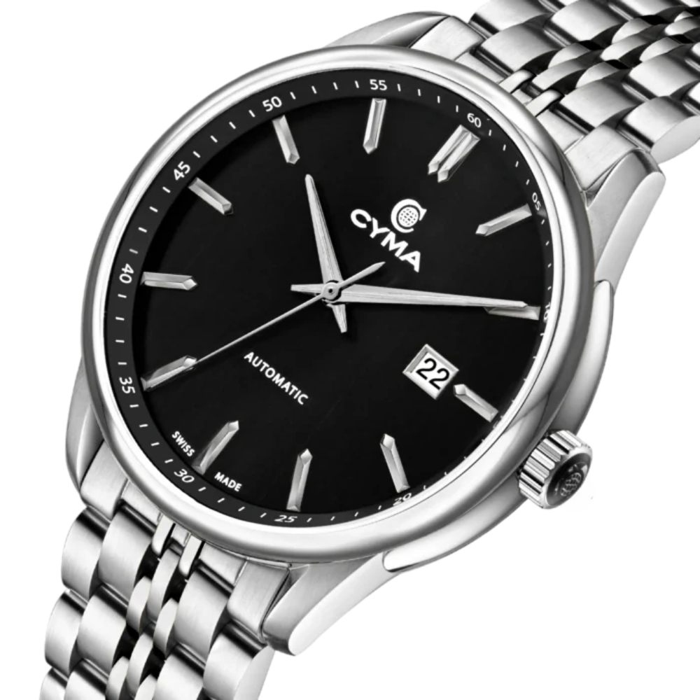 CYMA Charisma 42.5mm stainless steel case side profile — 10.1mm slim with K1 exhibition caseback and drop-in crown detail