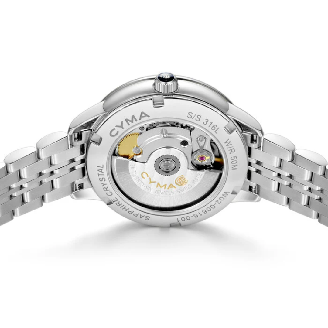 CYMA Charisma K1 exhibition caseback showing SW200 automatic movement — screw-type stainless steel construction