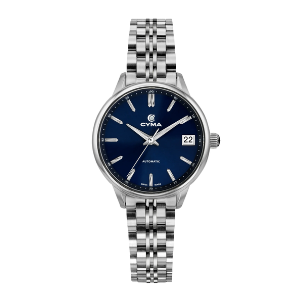 CYMA Charisma Swiss automatic women's watch — blue sunray dial with silver stainless steel case and bracelet