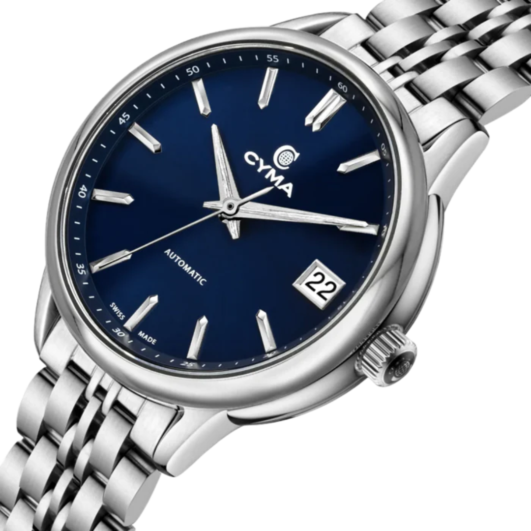 CYMA Charisma 33mm stainless steel case side profile — 9.8mm slim with K1 exhibition caseback detail