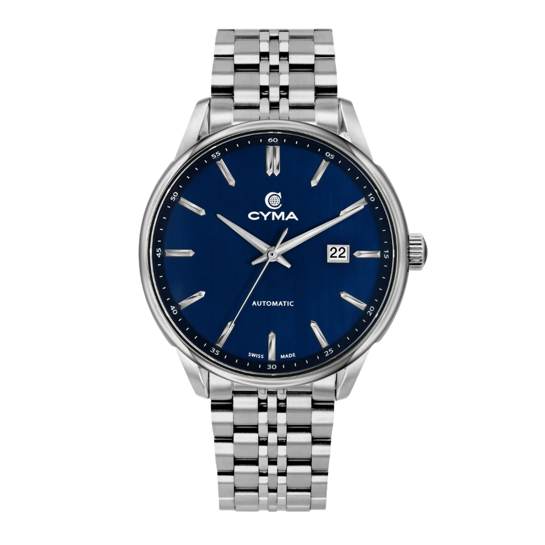 CYMA Charisma men's Swiss automatic watch — ocean blue vertical brush dial with plain stainless steel case and bracelet