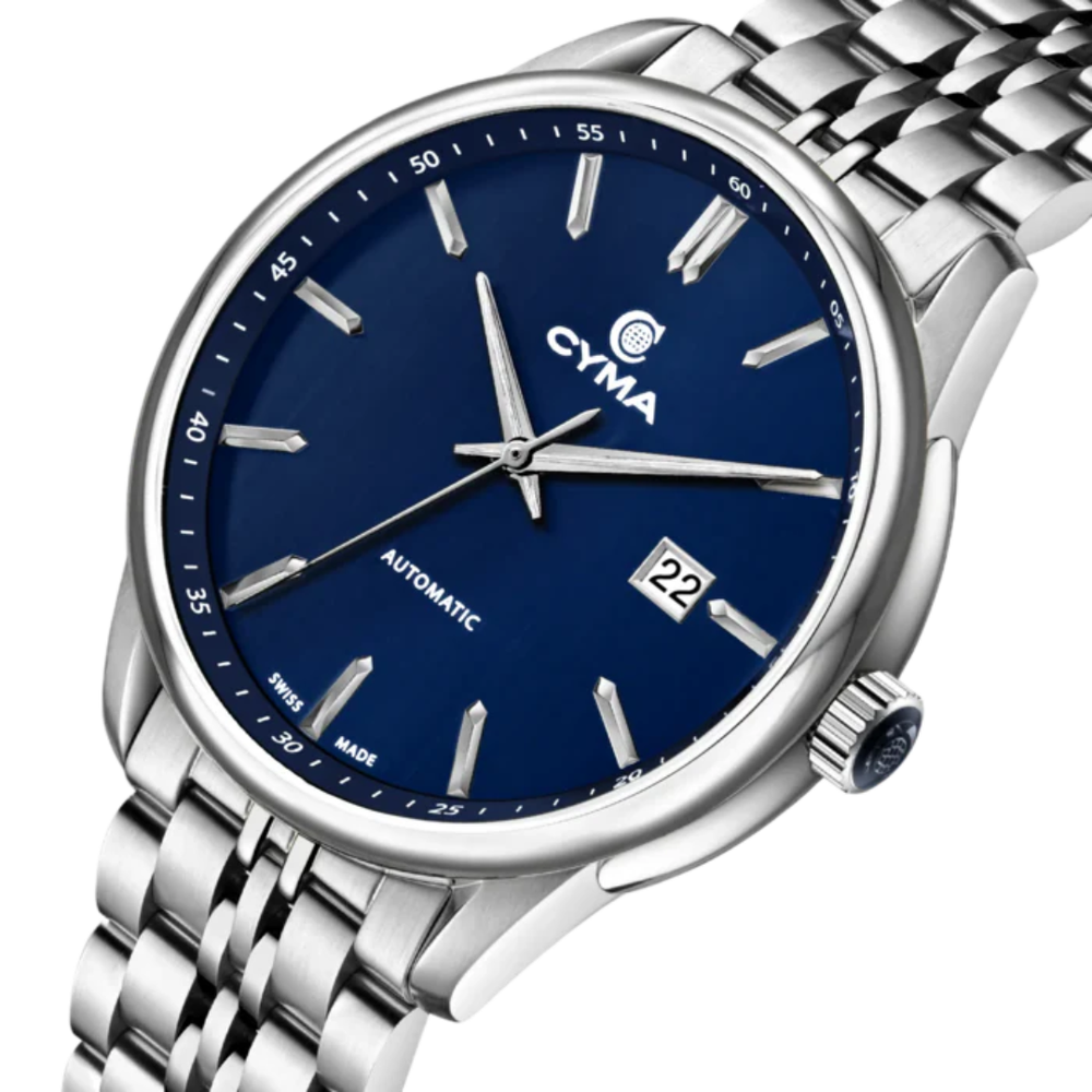 CYMA Charisma 42.5mm stainless steel case side profile — 10.1mm slim with K1 exhibition caseback and drop-in crown detail