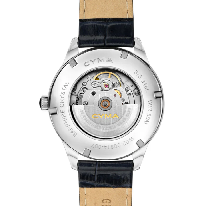 CYMA Charisma K1 exhibition caseback showing SW200 automatic movement — screw-type stainless steel construction