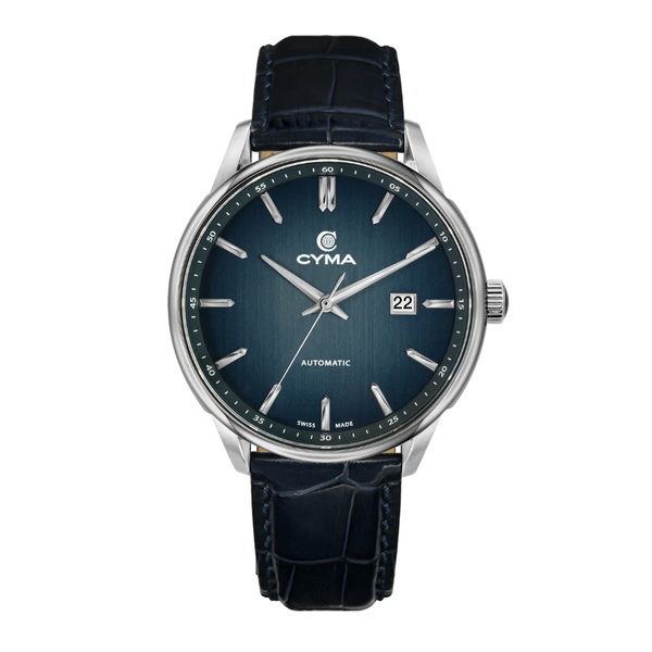 CYMA Charisma men's Swiss automatic watch — smoky blue vertical brush dial with plain steel case and blue croco leather strap