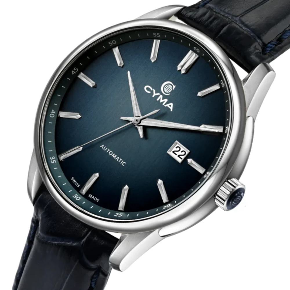 CYMA Charisma 42.5mm stainless steel case side profile — 10.1mm slim with K1 exhibition caseback and drop-in crown detail