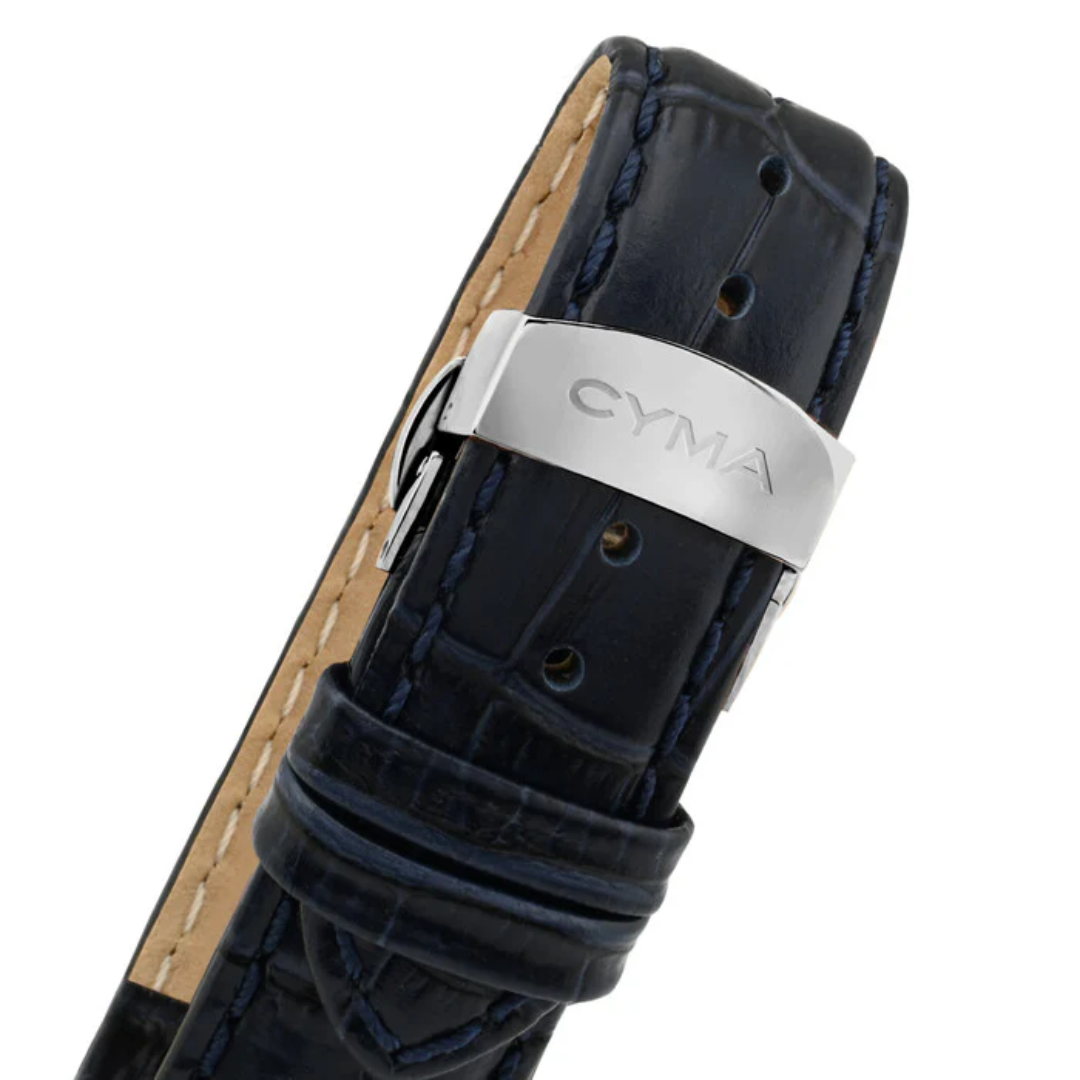CYMA Charisma blue croco style calf leather strap with butterfly fold-over clasp — 20mm lug width