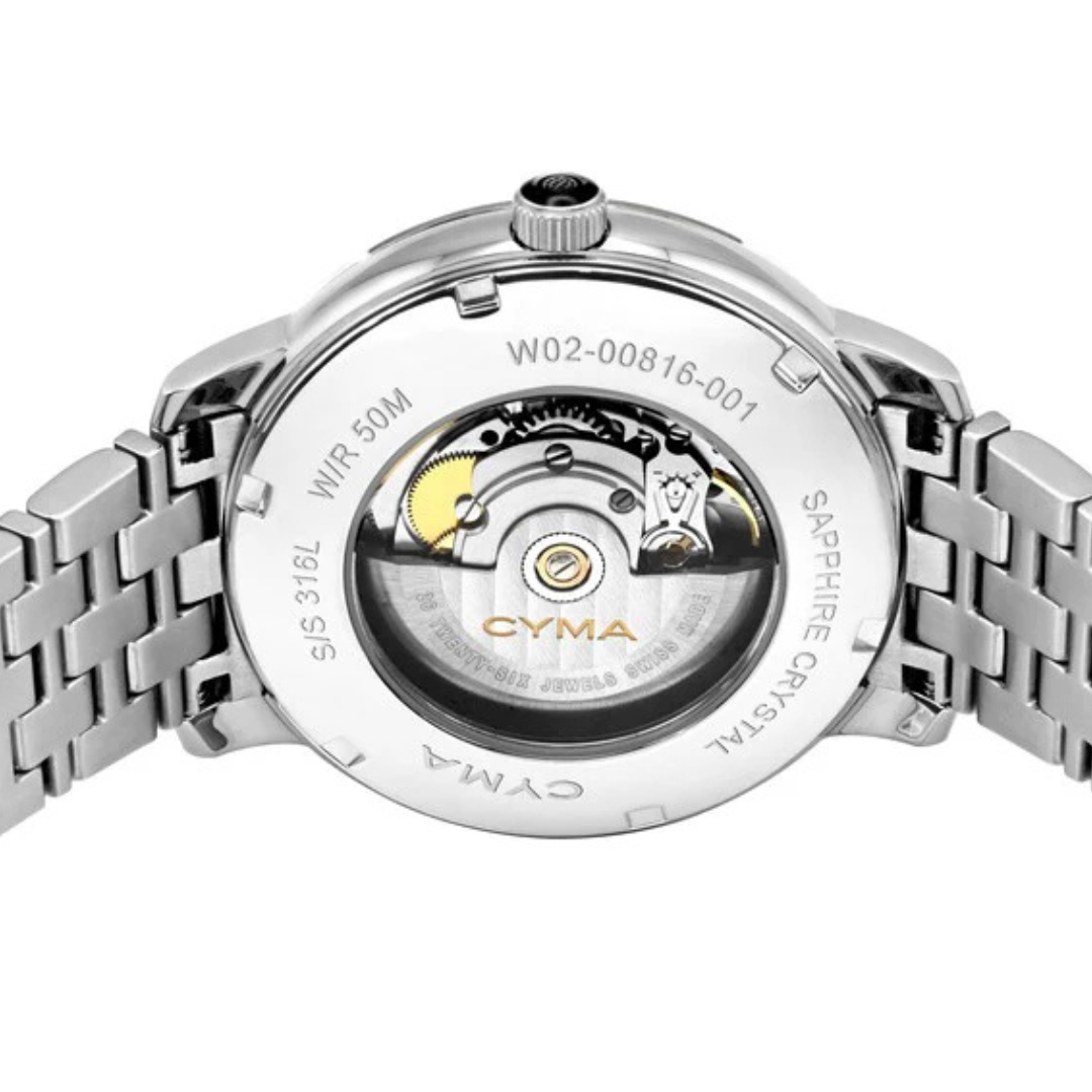 CYMA Europa stainless steel caseback — Swiss made engraving detail