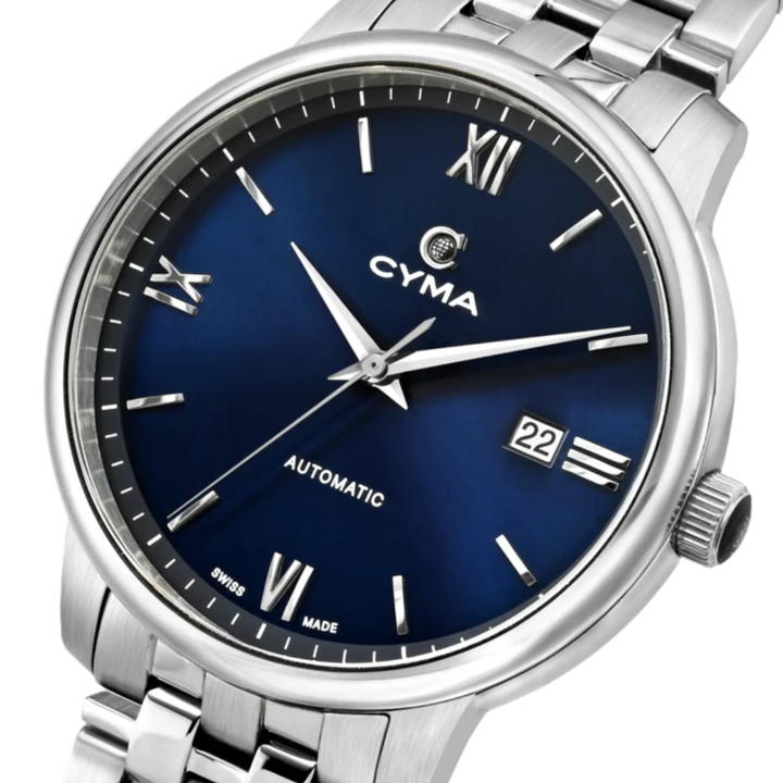 CYMA Europa 43mm stainless steel case side profile — 10.55mm with plain steel case and screw-down crown detail
