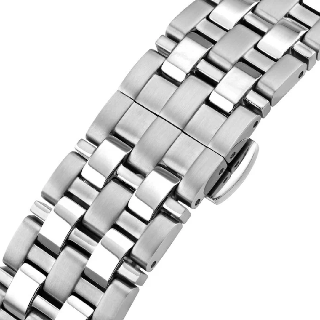 CYMA Europa 316L stainless steel bracelet with butterfly buckle — 20mm lug width tapering to 18mm at clasp