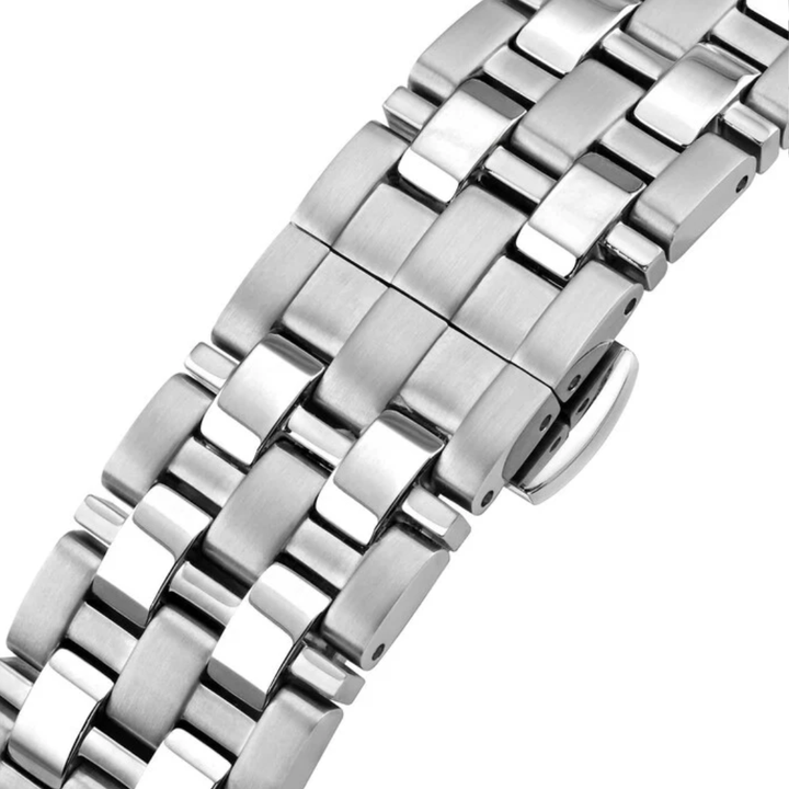 CYMA Europa 316L stainless steel bracelet with butterfly buckle — 20mm lug width tapering to 18mm at clasp