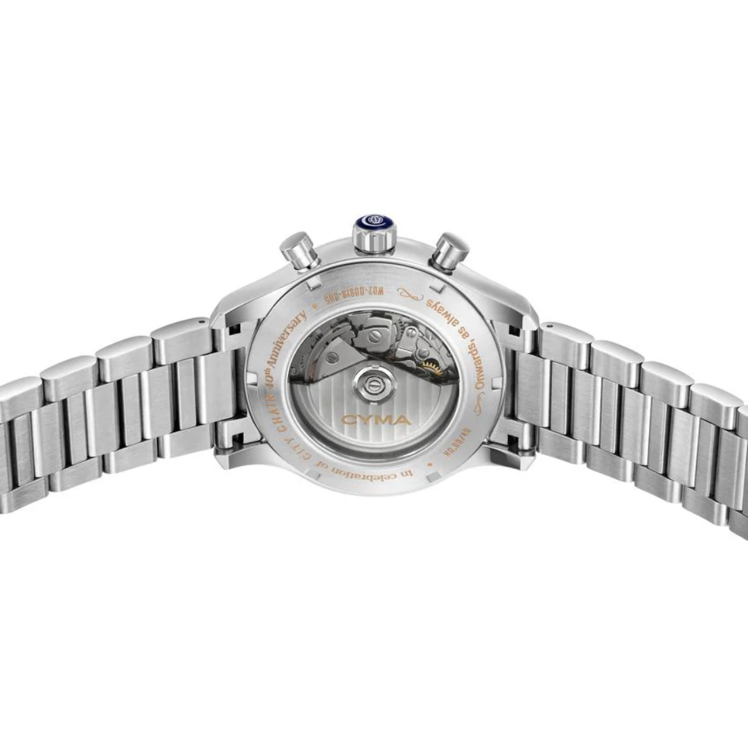 CYMA Grand Maestro "The Chess" 40th Anniversary K1 exhibition caseback — City Chain anniversary engraving and decorated ETA 7751 rotor