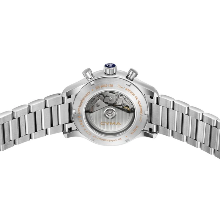 CYMA Grand Maestro "The Chess" 40th Anniversary K1 exhibition caseback — City Chain anniversary engraving and decorated ETA 7751 rotor