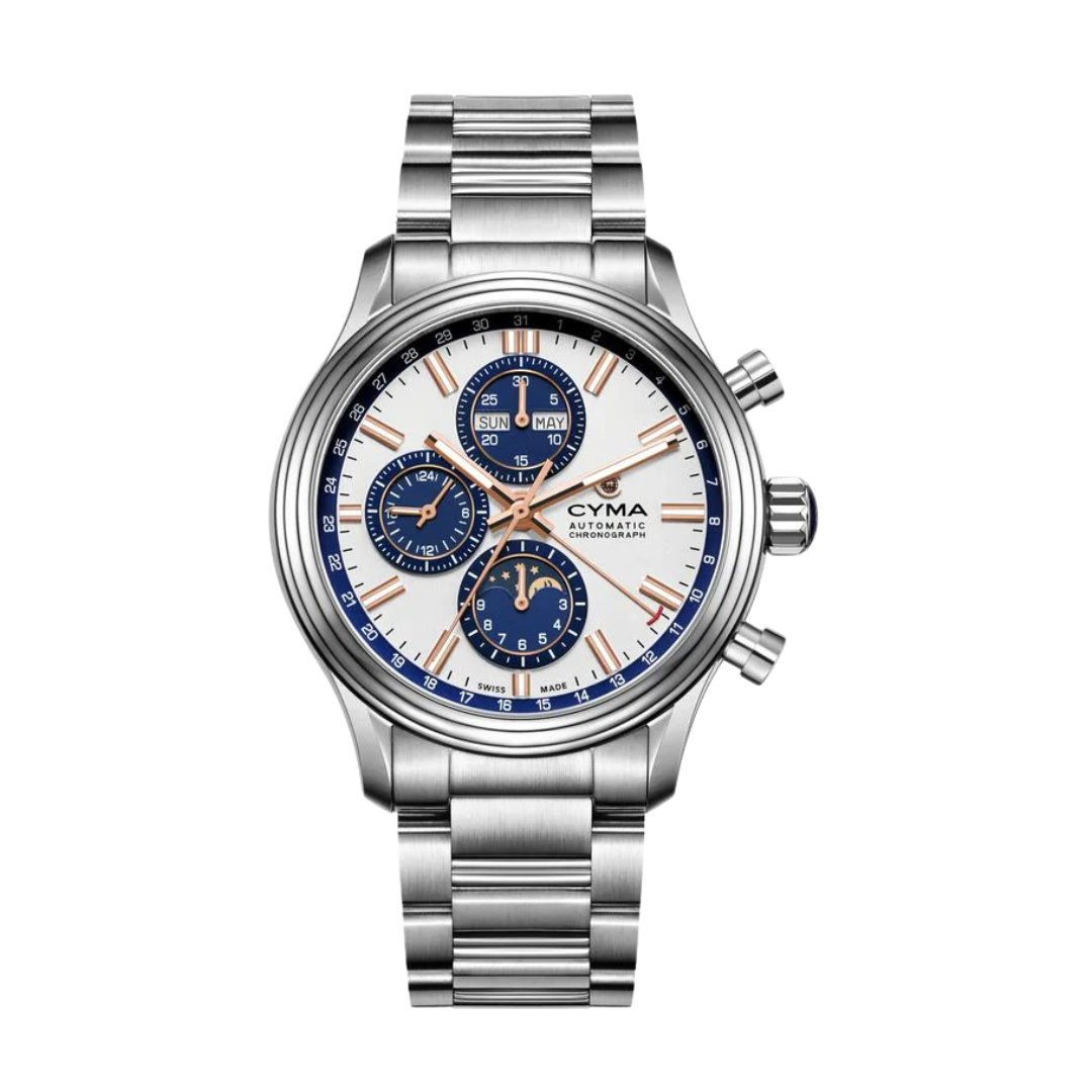 CYMA Grand Maestro "The Chess" 40th Anniversary limited edition chronograph — silver white dial with dark blue sub-dials and ETA 7751 movement