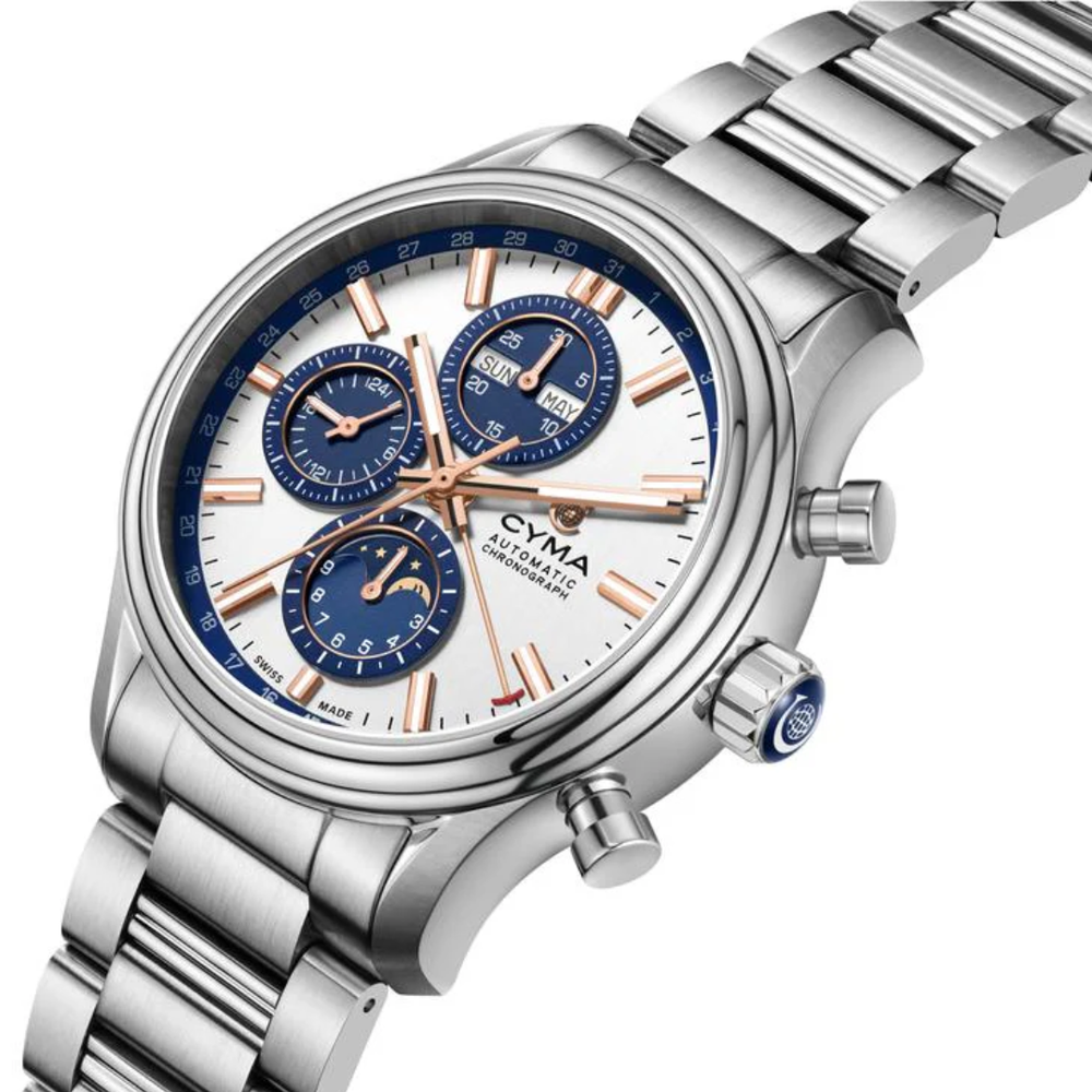 CYMA Grand Maestro "The Chess" 40th Anniversary 43.5mm stainless steel case side profile — 14.55mm with screw-down crown and chronograph pushers at 2 and 4