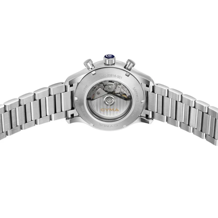 CYMA Grand Maestro "The Chess" K1 exhibition caseback showing ETA 7751 automatic movement and decorated rotor