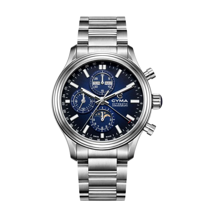 CYMA Grand Maestro "The Chess" automatic chronograph — blue dial with ETA 7751 movement and moonphase indicator