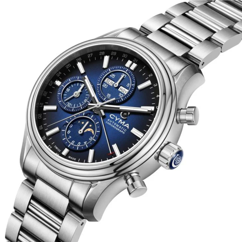 CYMA Grand Maestro "The Chess" 43.5mm stainless steel case side profile — 14.55mm with screw-down crown and chronograph pushers at 2 and 4