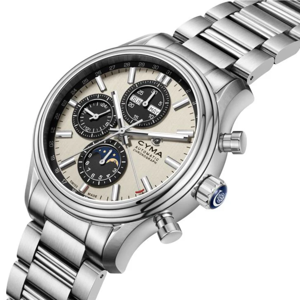 CYMA Grand Maestro "The Chess" 43.5mm stainless steel case side profile — 14.55mm with screw-down crown and chronograph pushers at 2 and 4