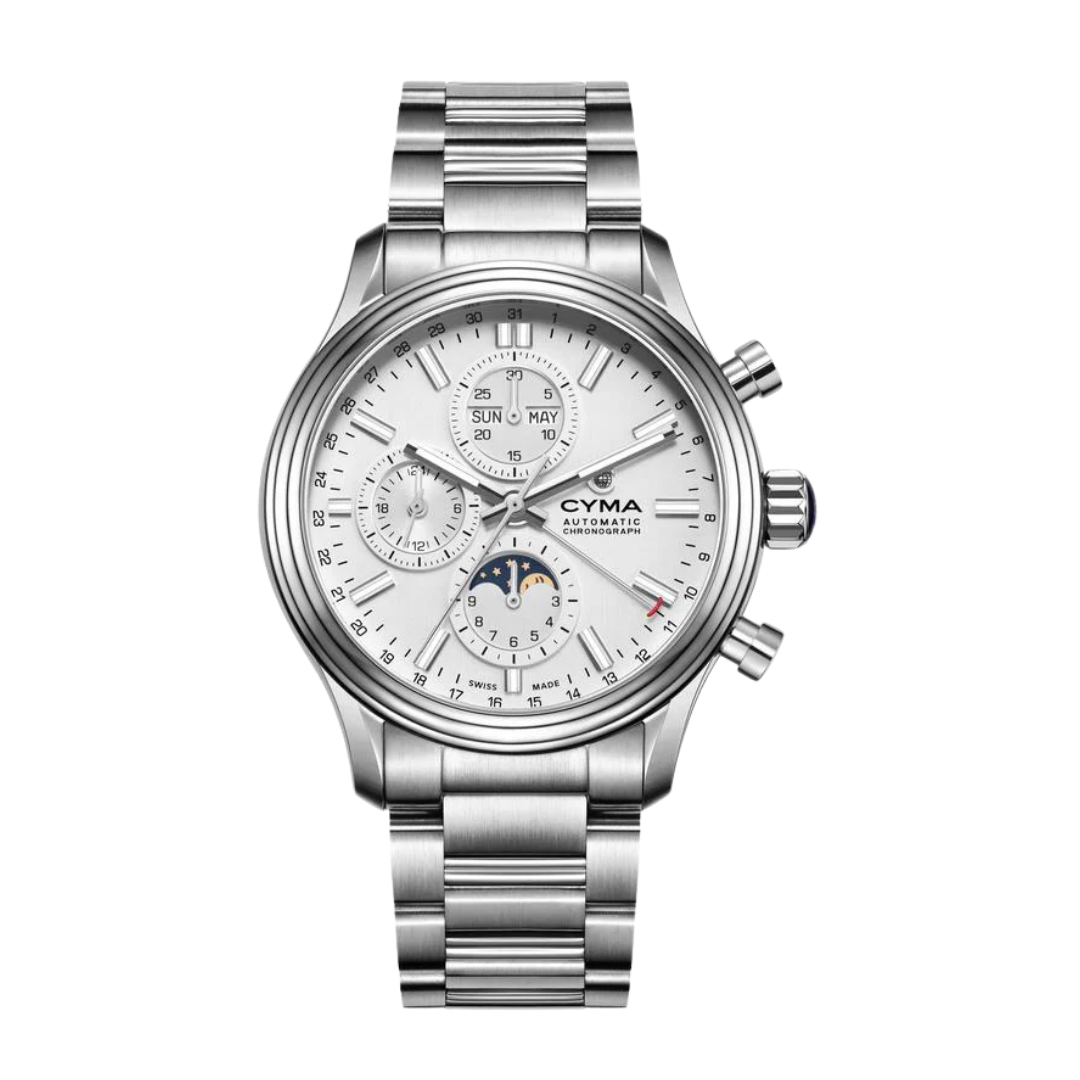 CYMA Grand Maestro "The Chess" automatic chronograph — silver white dial with ETA 7751 movement and moonphase indicator