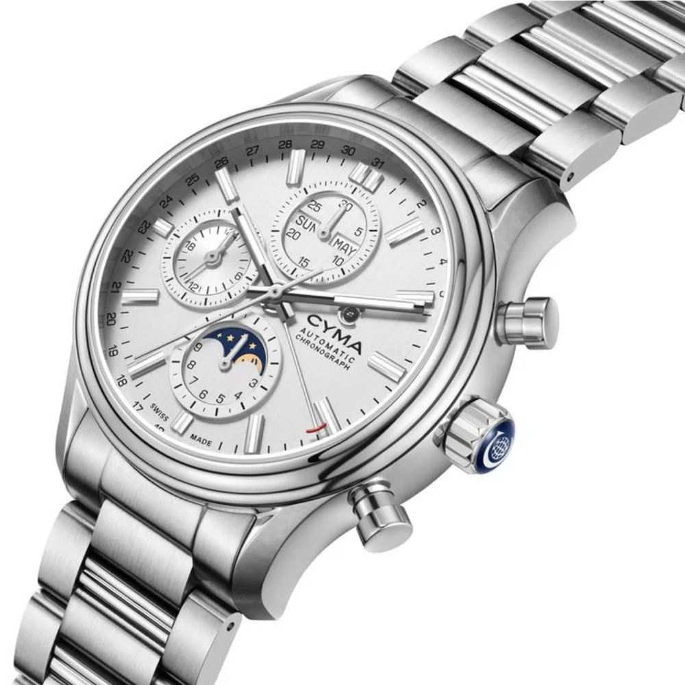 CYMA Grand Maestro "The Chess" 43.5mm stainless steel case side profile — 14.55mm with screw-down crown and chronograph pushers at 2 and 4