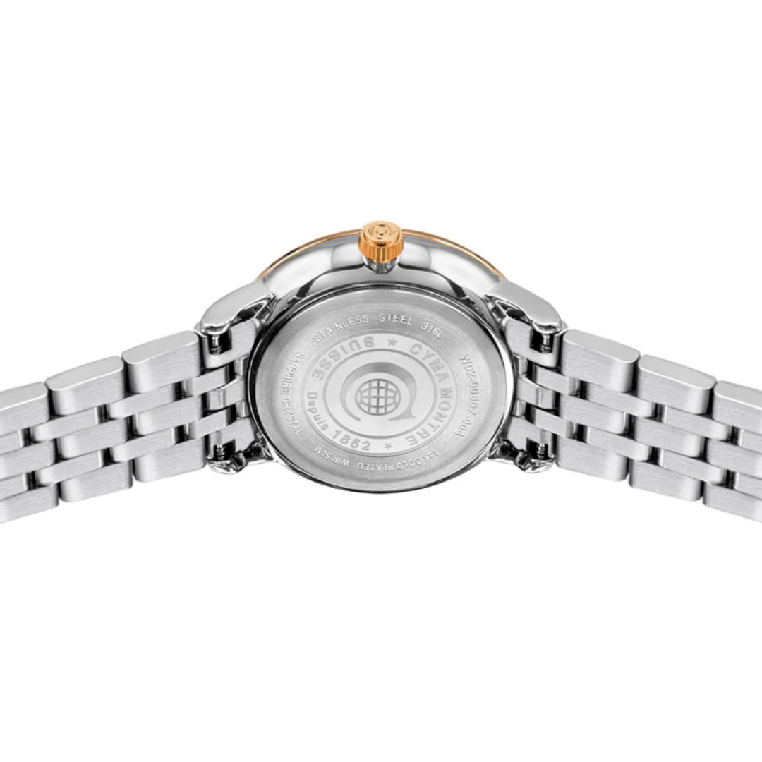 CYMA Intelligentsia 316L stainless steel caseback — Swiss made engraving detail