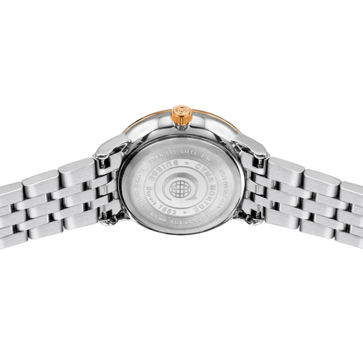 CYMA Intelligentsia 316L stainless steel caseback — Swiss made engraving detail