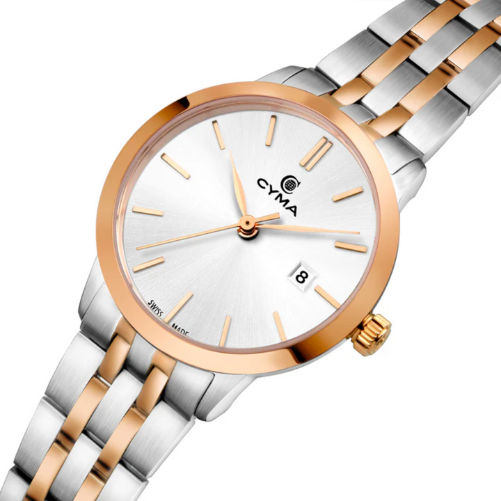 CYMA Intelligentsia 28mm case side profile — 6.9mm ultra-slim with rose gold-plated bezel and crown detail