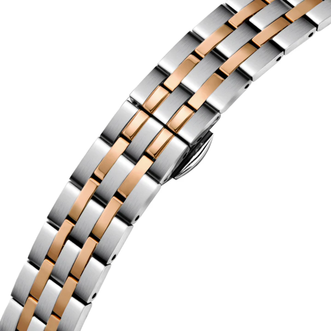CYMA Intelligentsia two-tone rose gold and silver stainless steel bracelet with butterfly fold-over clasp — 14mm lug width