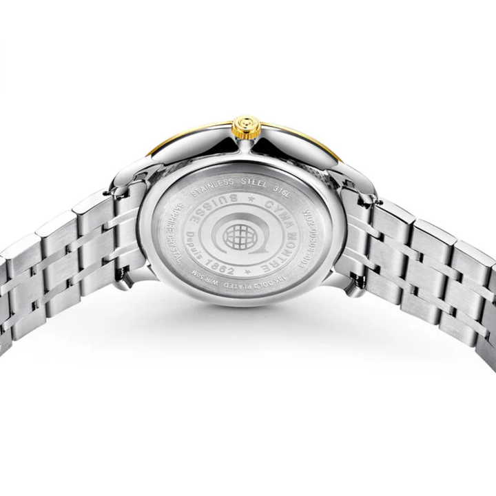 CYMA Intelligentsia stainless steel caseback — Swiss made engraving detail