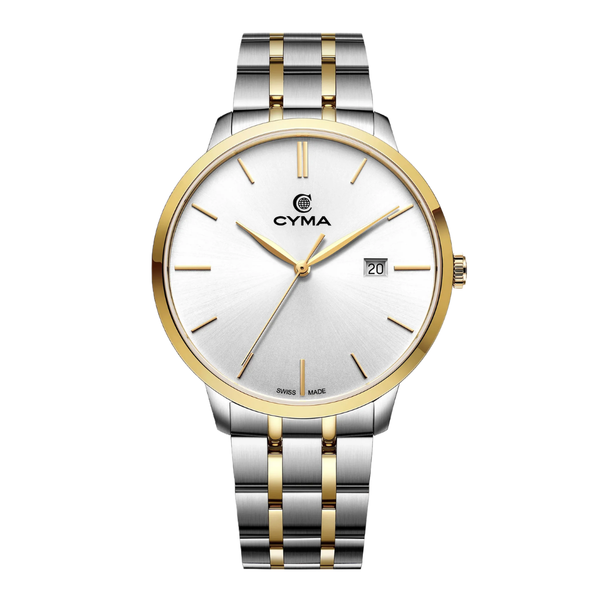CYMA Intelligentsia men's Swiss quartz watch — silver white sunray dial with 18K yellow gold-plated bezel and two-tone bracelet