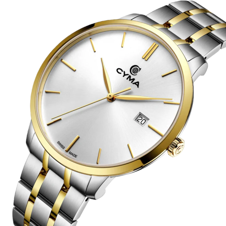 CYMA Intelligentsia 42mm case side profile — 7.1mm slim with yellow gold-plated bezel and drop-in crown detail