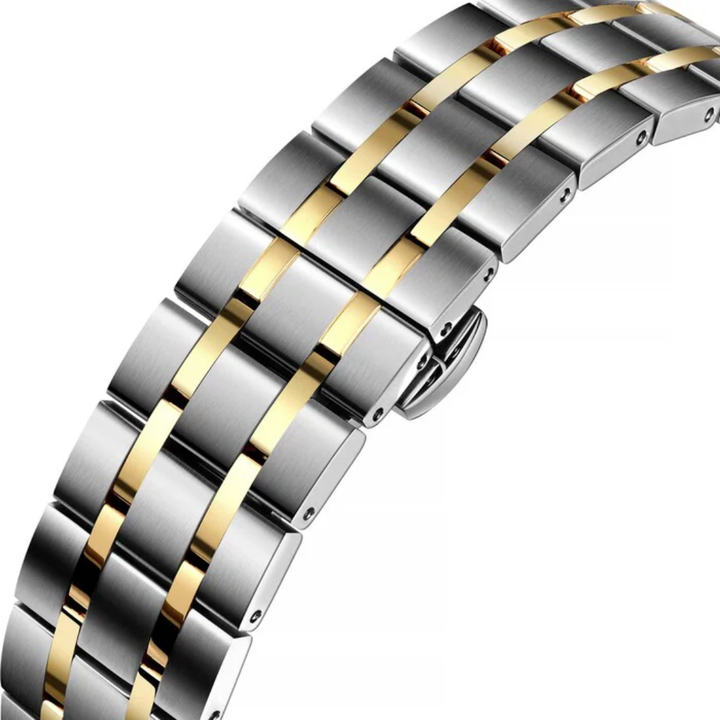 CYMA Intelligentsia two-tone 316L stainless steel and 18K yellow gold-plated bracelet with butterfly fold-over clasp — 20mm lug width