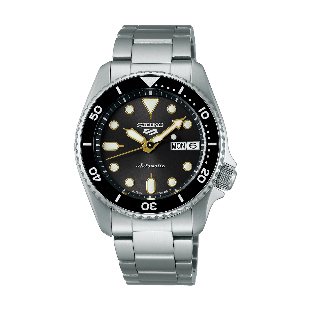 Seiko 5 Sports SRPL79K1 automatic watch with grey dial, gold accents, and 38mm SKX case