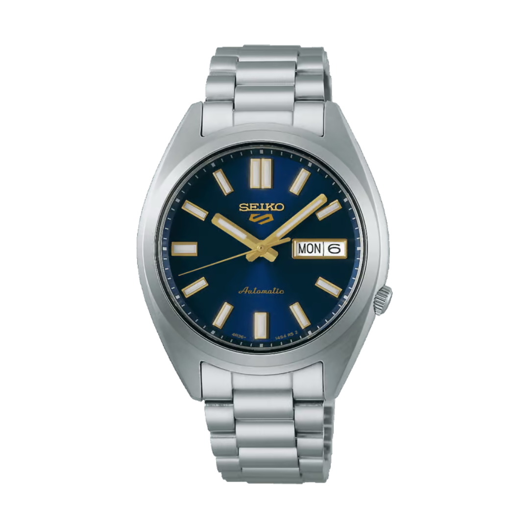 Seiko 5 Sports SRPL55K1 automatic men's watch — navy blue sunray dial with gold LumiBrite rectangular indices, day-date display at 3 o'clock, and stainless steel bracelet