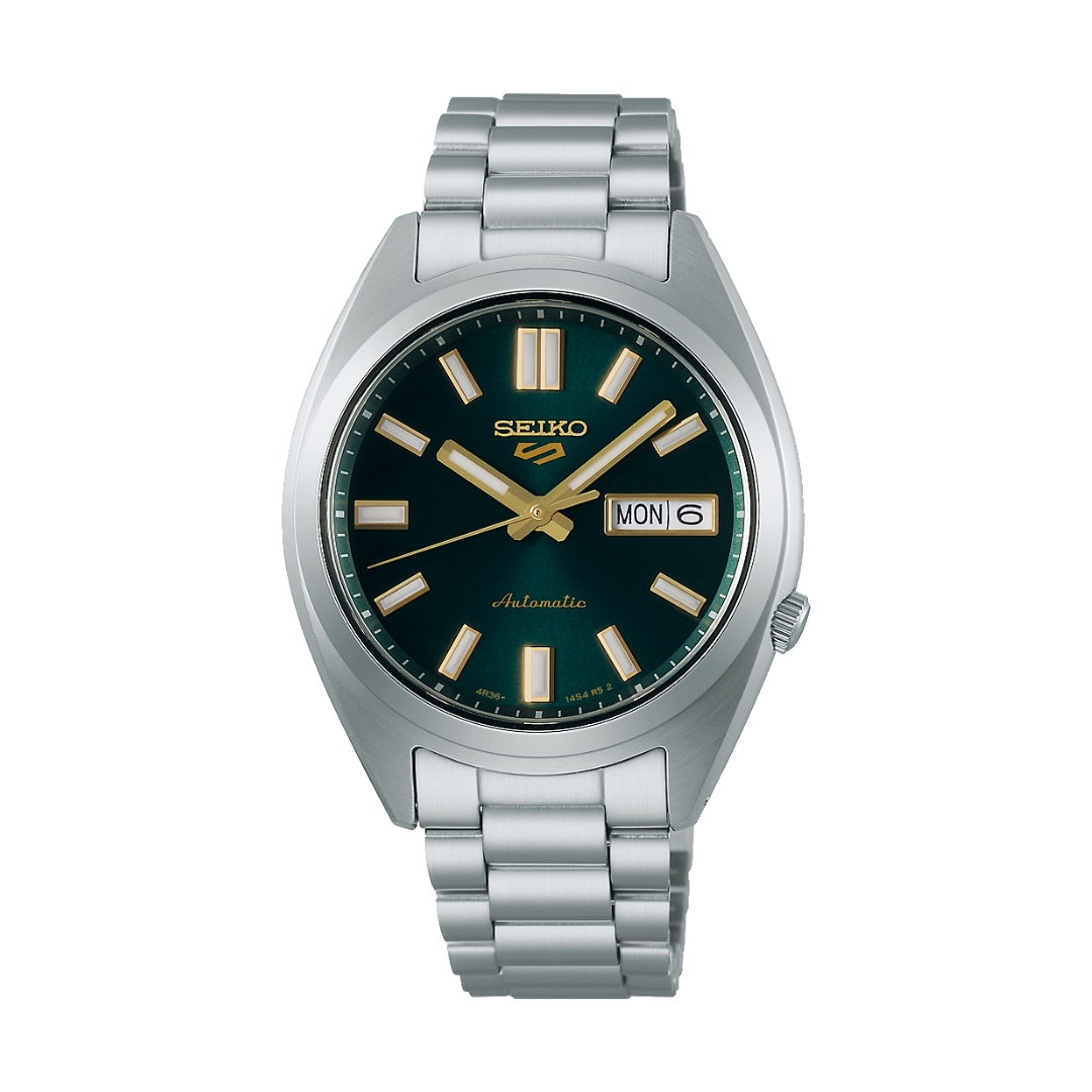Seiko 5 Sports SRPL57K1 automatic men's watch — midnight blue sunray dial with LumiBrite hands and day-date display at 3 o'clock