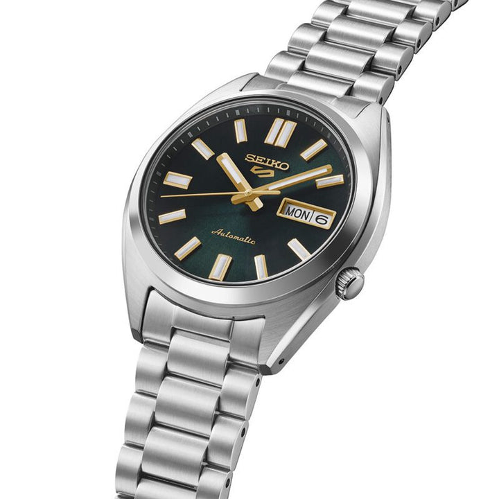 Seiko 5 Sports SRPL57K1 37.4mm stainless steel case side profile — 12.5mm thick with recessed crown and curved Hardlex crystal