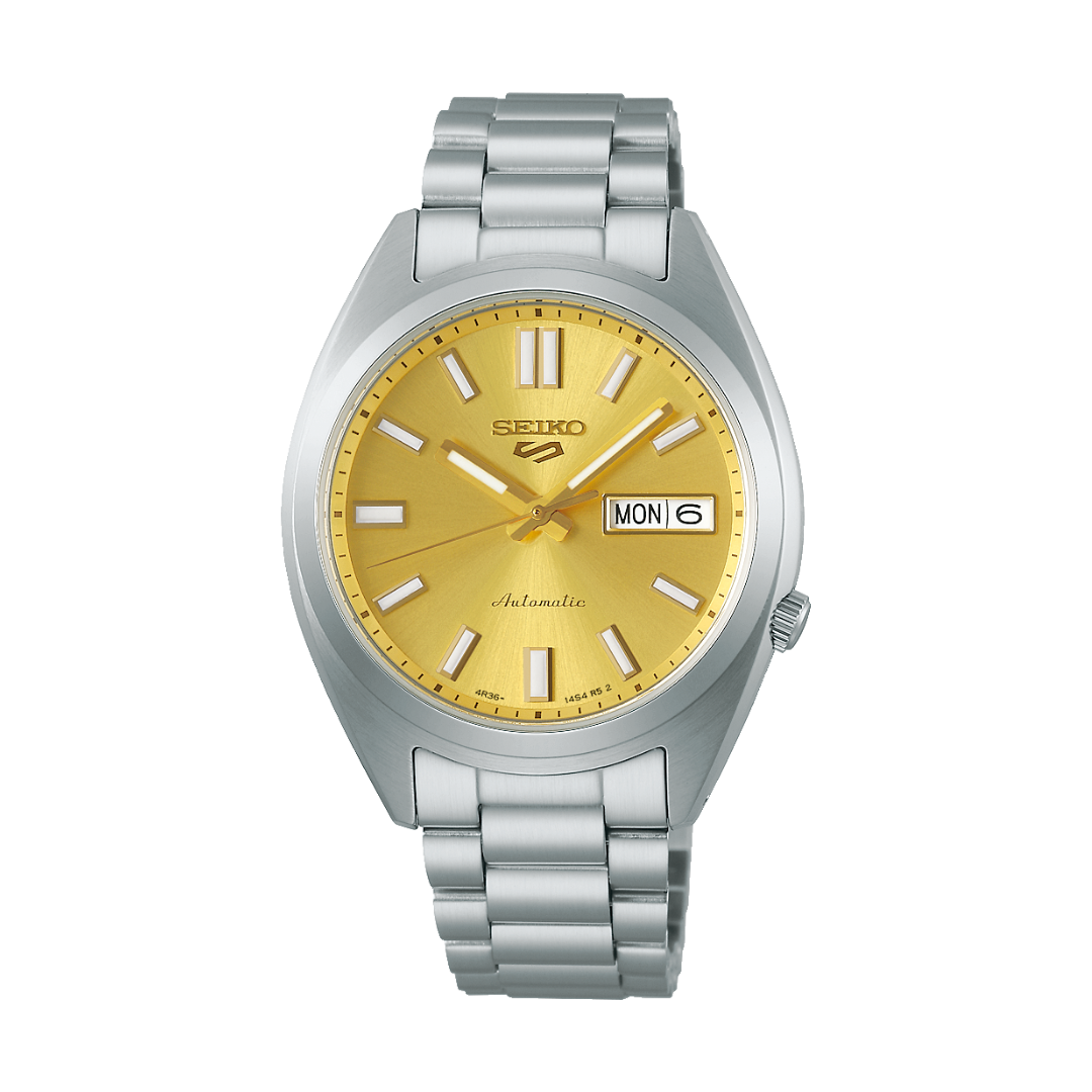 Seiko 5 Sports SRPL59K1 automatic men's watch — gold sunray dial with LumiBrite hands and day-date display at 3 o'clock