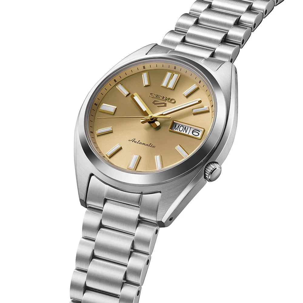 Seiko 5 Sports SRPL59K1 37.4mm stainless steel case side profile — 12.5mm thick with recessed crown and curved Hardlex crystal