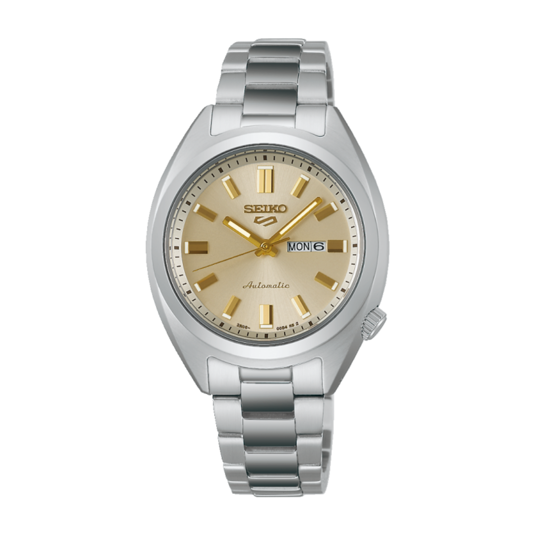 Seiko 5 Sports SNXS SRE023K1 women's automatic watch — cream champagne dial, silver stainless steel case and bracelet, front view on white background