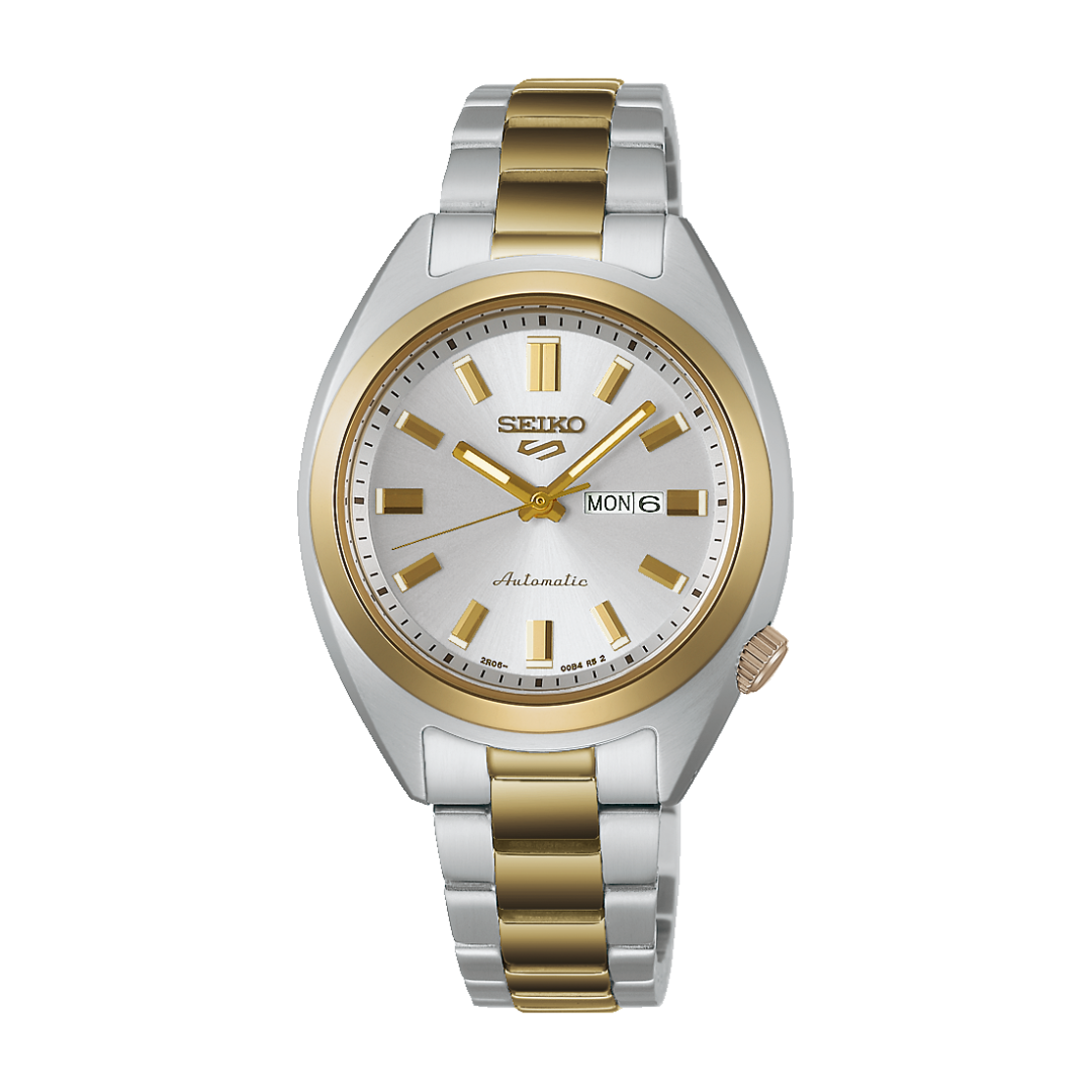 Seiko 5 Sports SRE024K1 SNXS automatic women's watch — silver dial with gold-tone Hebitama case, gold baton indices and hands, day-date display, two-tone silver and gold stainless steel bracelet, front view