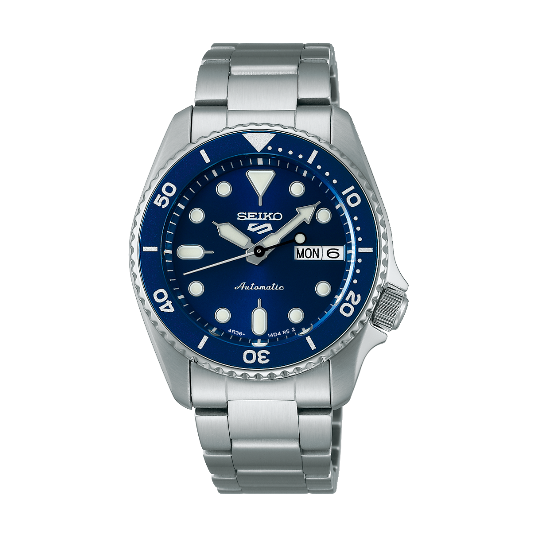 Seiko 5 Sports SRPL77K1 SKX Series Automatic Men’s Watch with blue dial, stainless steel case, and bracelet