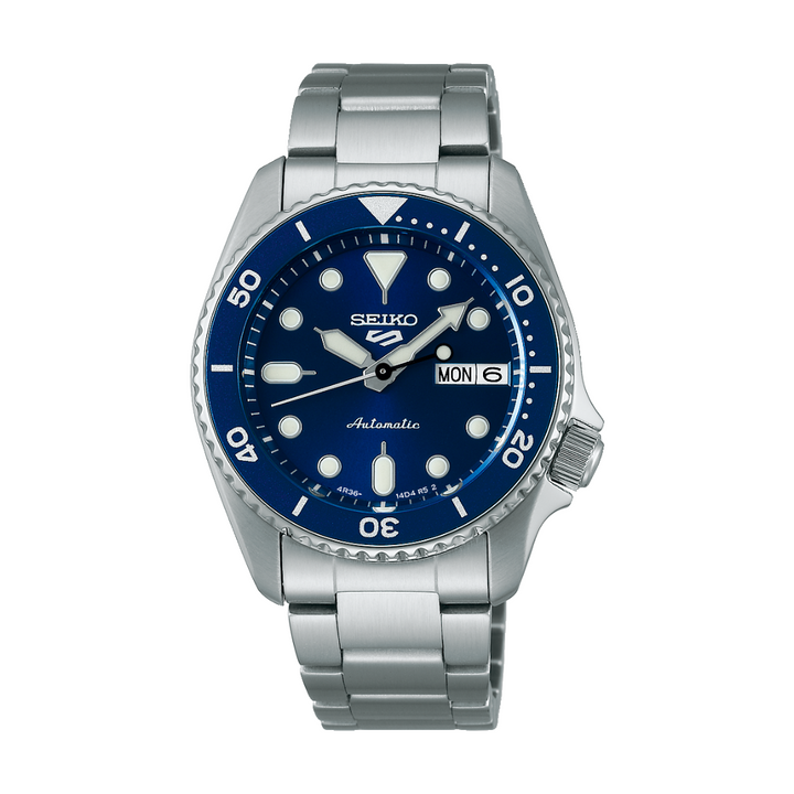 Seiko 5 Sports SRPL77K1 SKX Series Automatic Men’s Watch with blue dial, stainless steel case, and bracelet