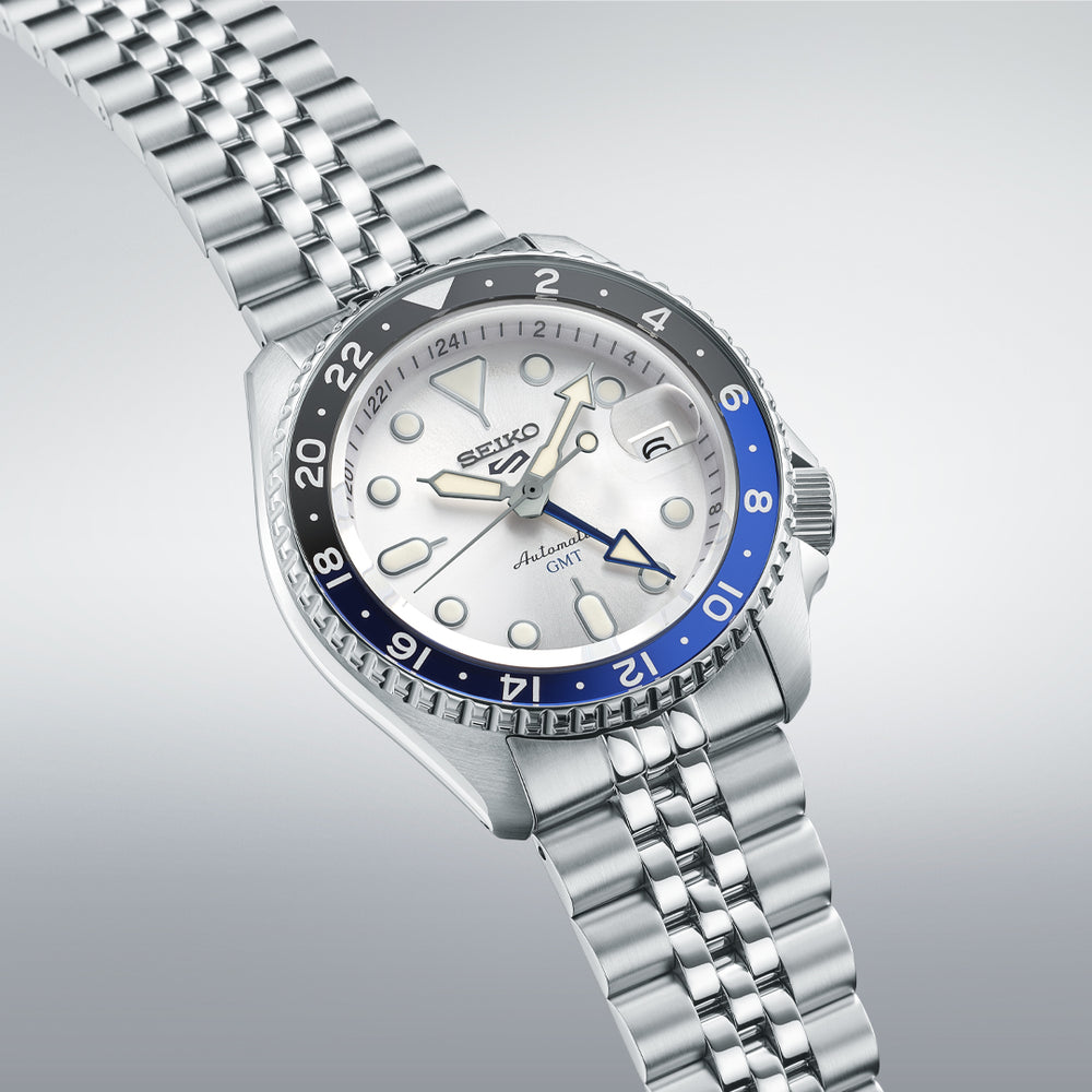 Seiko 5 Sports SSK033K1 SKX GMT angled view showing bezel and bracelet