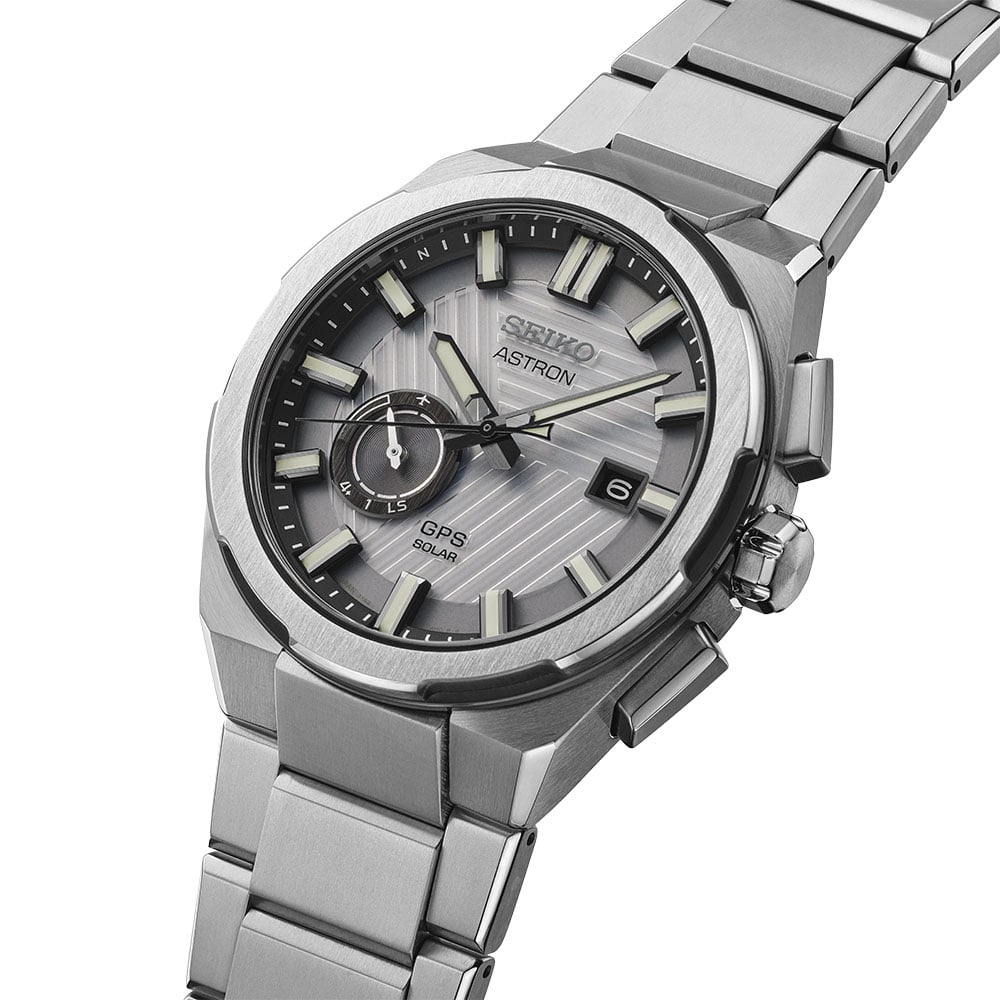 Seiko Astron SSJ037J1 GPS Solar 2025 Limited Edition — angled three-quarter view showing the textured silver dial, subdial at 8 o&