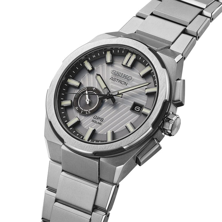 Seiko Astron SSJ037J1 GPS Solar 2025 Limited Edition — angled three-quarter view showing the textured silver dial, subdial at 8 o&