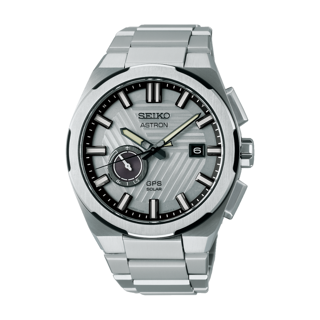 Seiko Astron SSJ037J1 GPS Solar 2025 Limited Edition men's watch — silver textured dial with diagonal pattern, GPS Solar inscription, black inner bezel ring, stainless steel case and bracelet, front view on white background