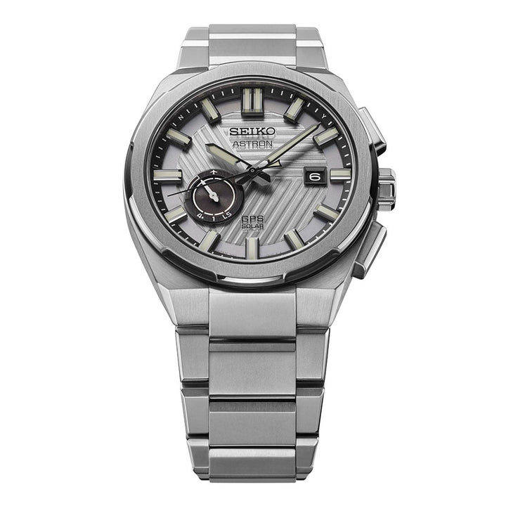 Seiko Astron SSJ037J1 GPS Solar 2025 Limited Edition — front view showing full stainless steel case, textured silver dial with diagonal stripe pattern, and integrated bracelet on white background