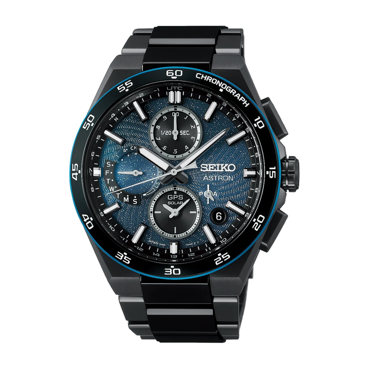 Seiko Astron SSH187J1 43.3mm GPS solar chronograph — dark turquoise blue textured dial with 1/20 SEC chronograph subdial, GPS Solar and POA text, blue accent bezel ring, all-black titanium bracelet, front view